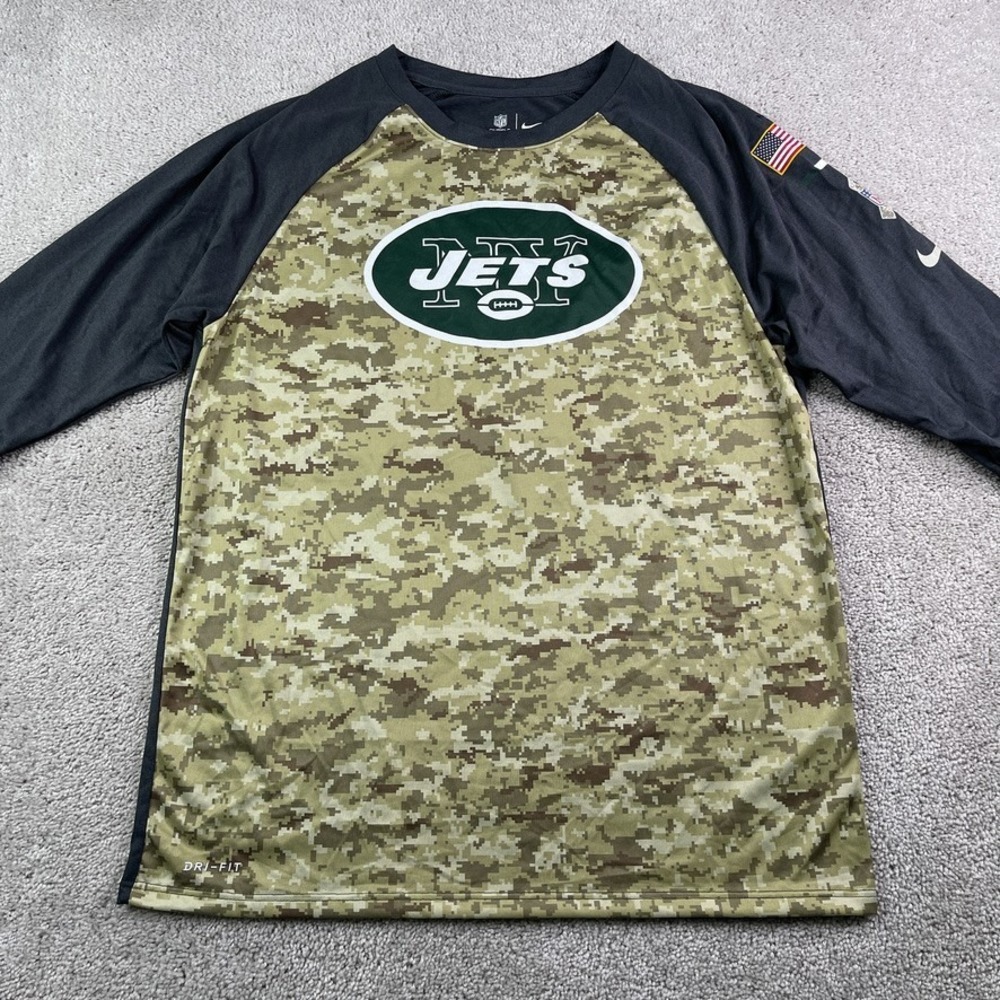 New York Jets Shirt Mens Large Green Camo Nike Salute to‎ Service 3/4 Sleeve